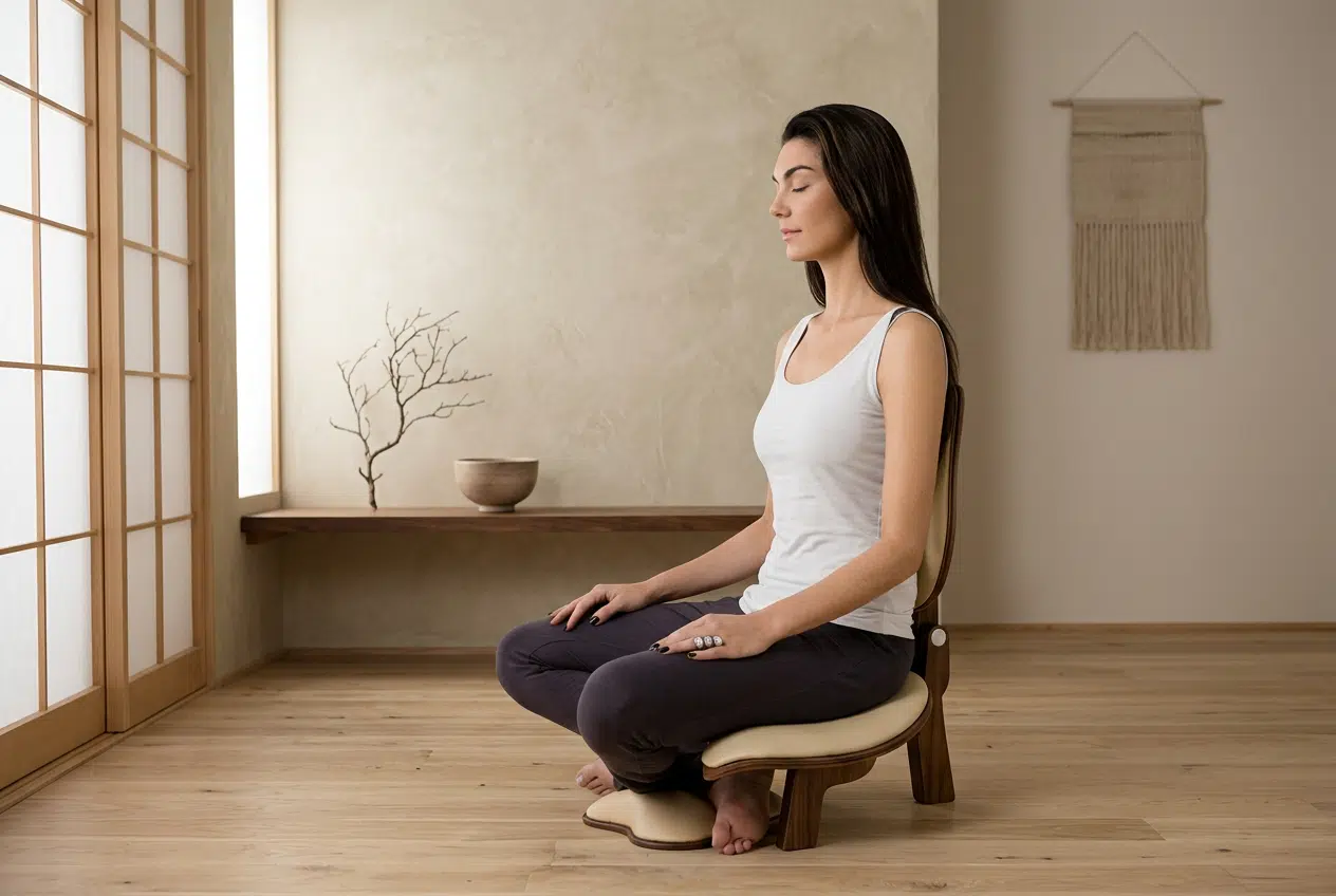 Méditer avec les huiles essentielles Femme en méditation dans une pièce zen, les yeux fermés