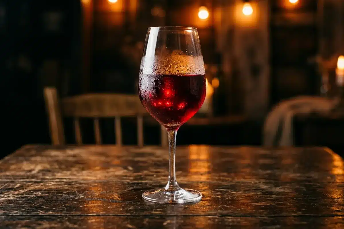 alcool et bouffées de chaleur ménopause Verre de vin rouge posé sur bois sombre, illustration de l'alcool à éviter en cas de bouffées de chaleur à la ménopause