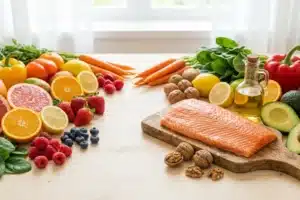Alimentation belle peau : table garnie de fruits, de légumes colorés et de saumon riches en nutriments