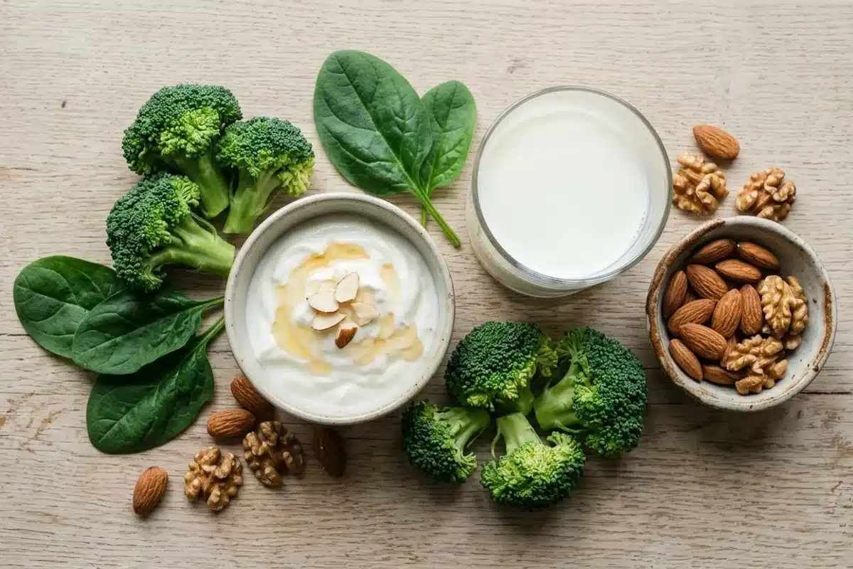 Aliments riches en calcium pour la ménopause Composition d'aliments riches en calcium : yaourt, lait, brocoli, épinards et amandes