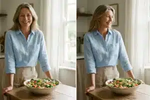 Femme d'une cinquantaine d'années dans une cuisine lumineuse, devant un bol coloré de légumes et légumineuses