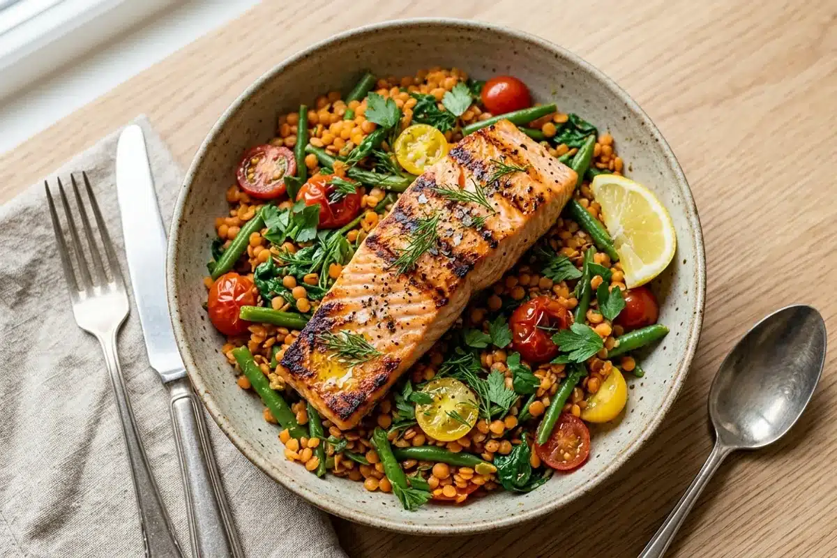 Saumon et lentilles - protéines à la ménopause Assiette de saumon grillé sur lit de lentilles et légumes verts, sources de protéines à la ménopause