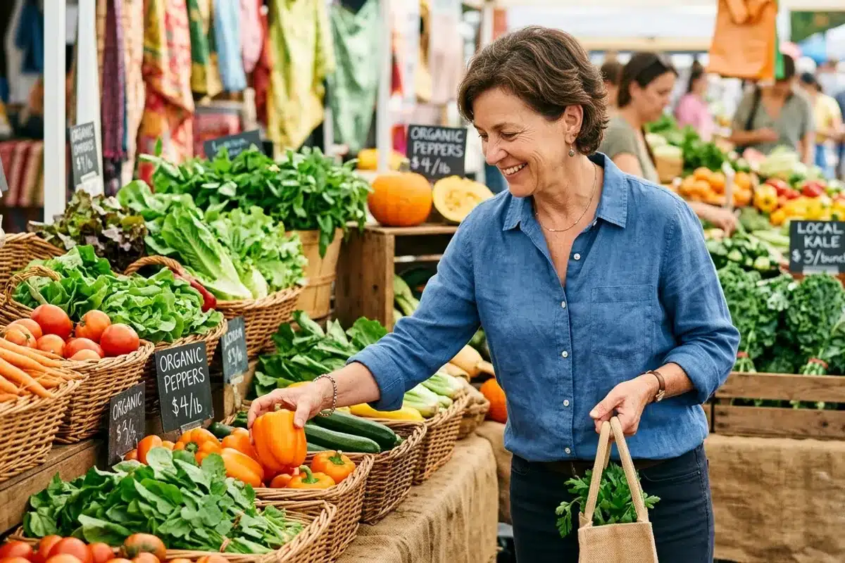 Femme choisissant des légumes frais au marché Femme d'une cinquantaine d'années choisissant des légumes frais dans un marché, alimentation adaptée à la ménopause