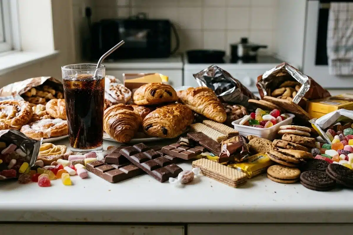 Aliments sucrés et ultra-transformés à limiter pour la peau Viennoiseries, chocolat, biscuits, bonbons et soda regroupés sur un plan de travail clair