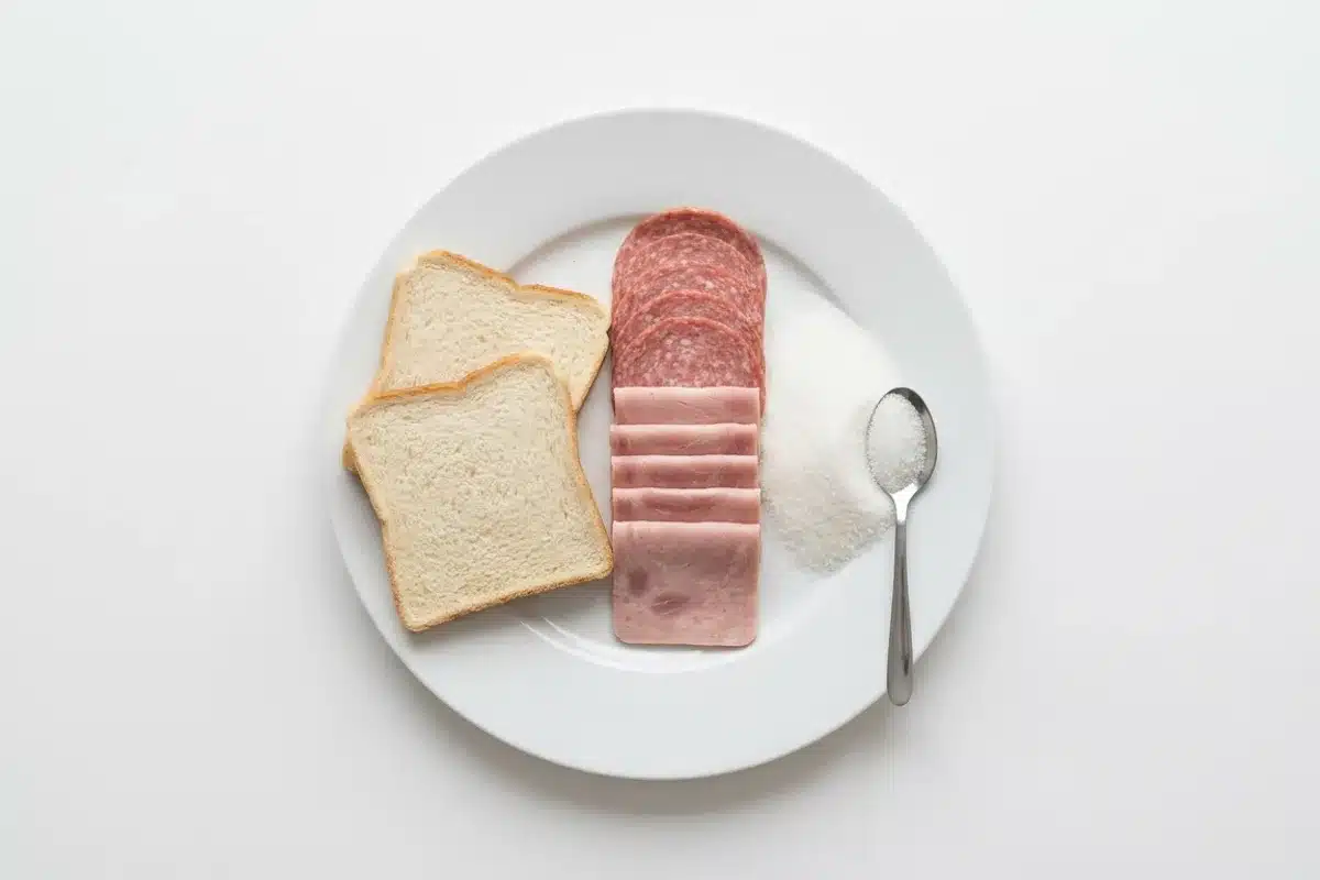 aliments ultra-transformés prise de poids ménopause Assiette vue de dessus avec pain blanc, charcuterie et sucre, aliments ultra-transformés déconseillés à la ménopause
