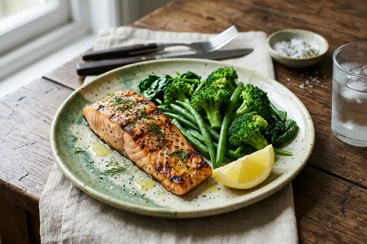 Assiette de saumon et légumes verts, repas favorable à la peau Assiette avec pavé de saumon grillé, brocoli, haricots verts et quartier de citron