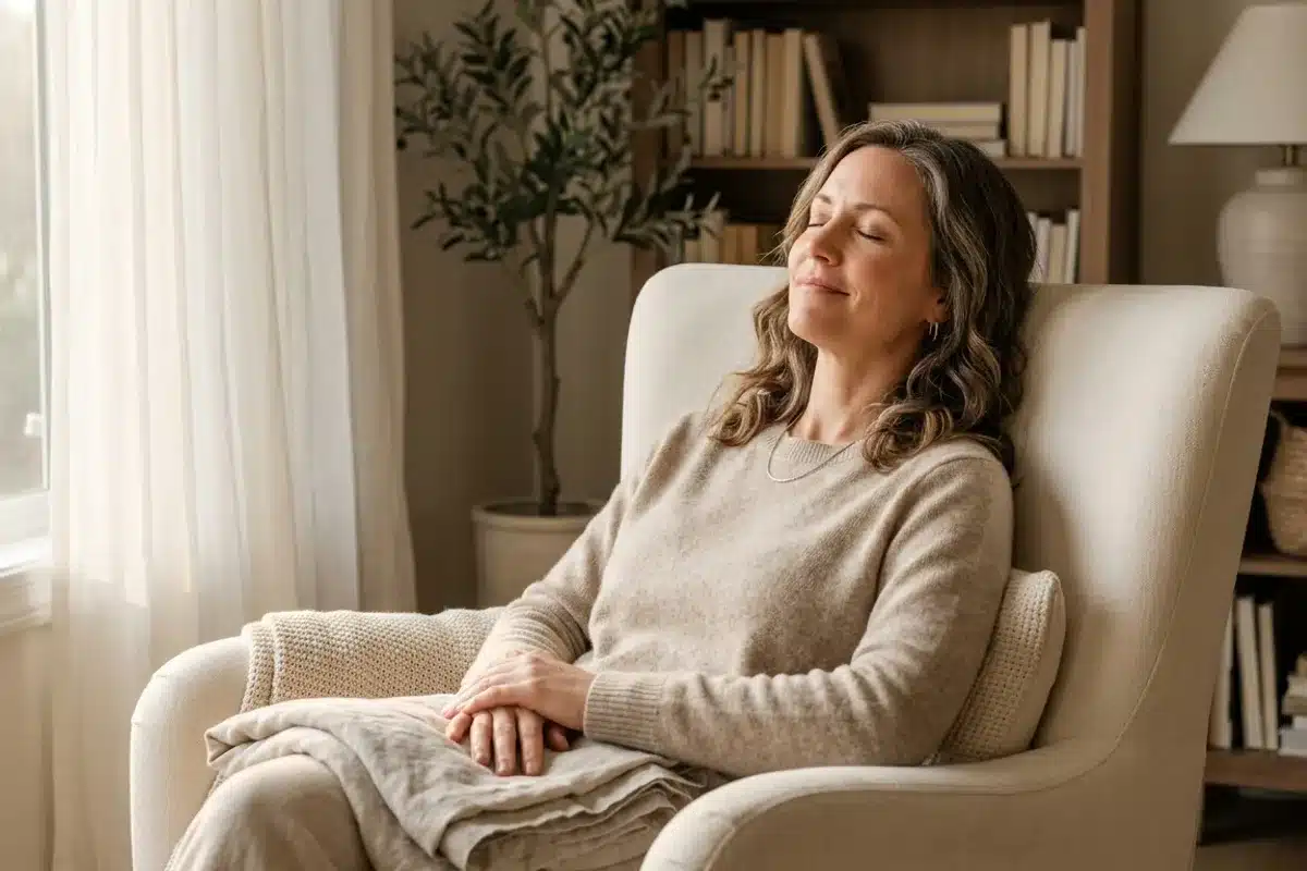 Femme au visage serein et yeux fermés en état de relaxation profonde grâce à l'hypnose