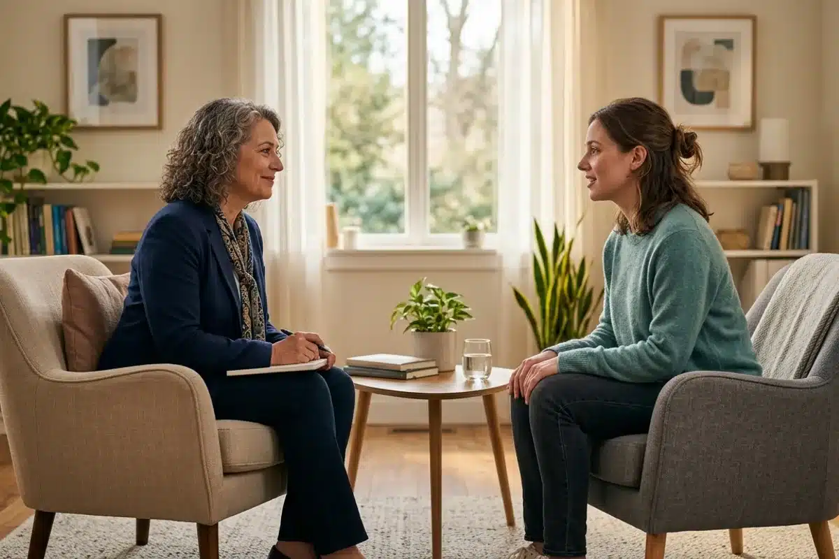Consultation bienveillante entre un hypnothérapeute et son patient dans un cadre professionnel chaleureux