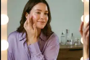 jeune femme appliquant du blush liquide rose sur ses pommettes devant un miroir de coiffeuse