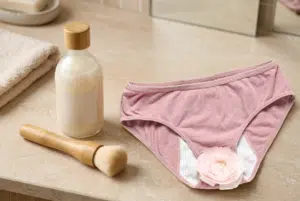 Culotte menstruelle rose posée sur un plan de salle de bain