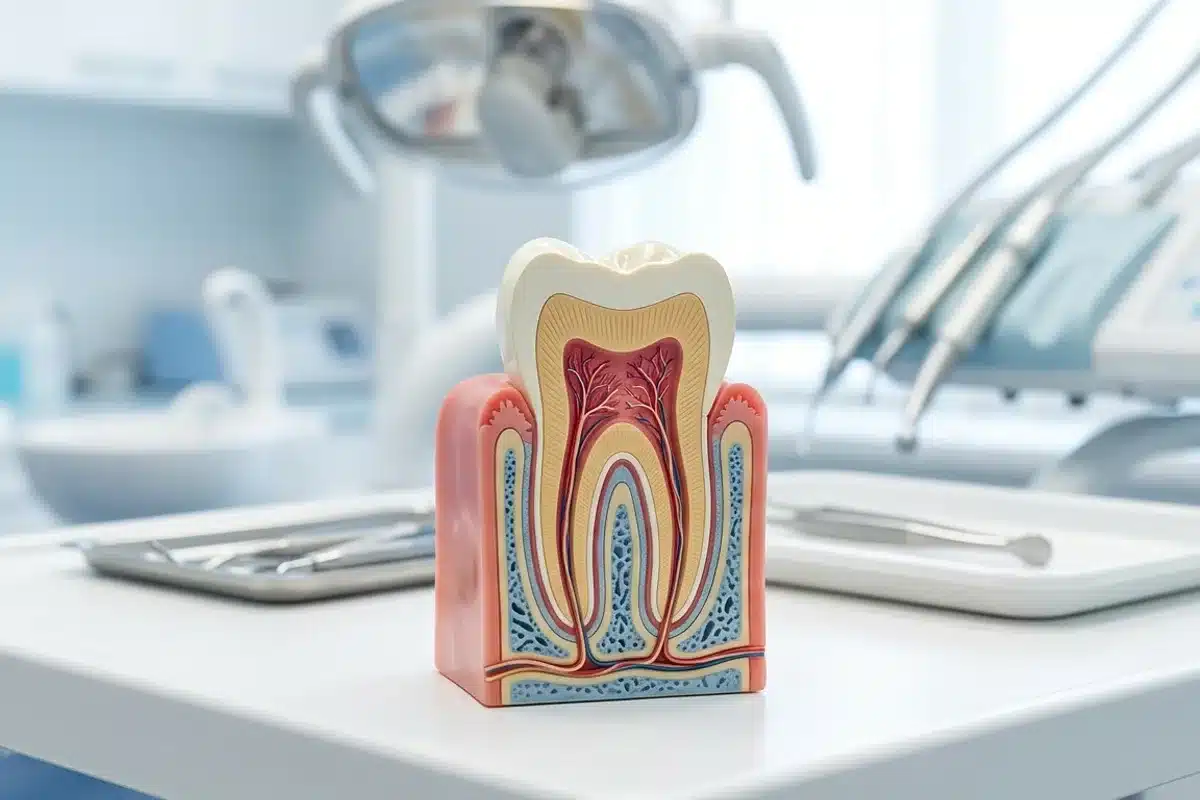 Modèle pédagogique en résine d'une dent en coupe transversale montrant l'émail, la dentine et la pulpe dans un cabinet dentaire