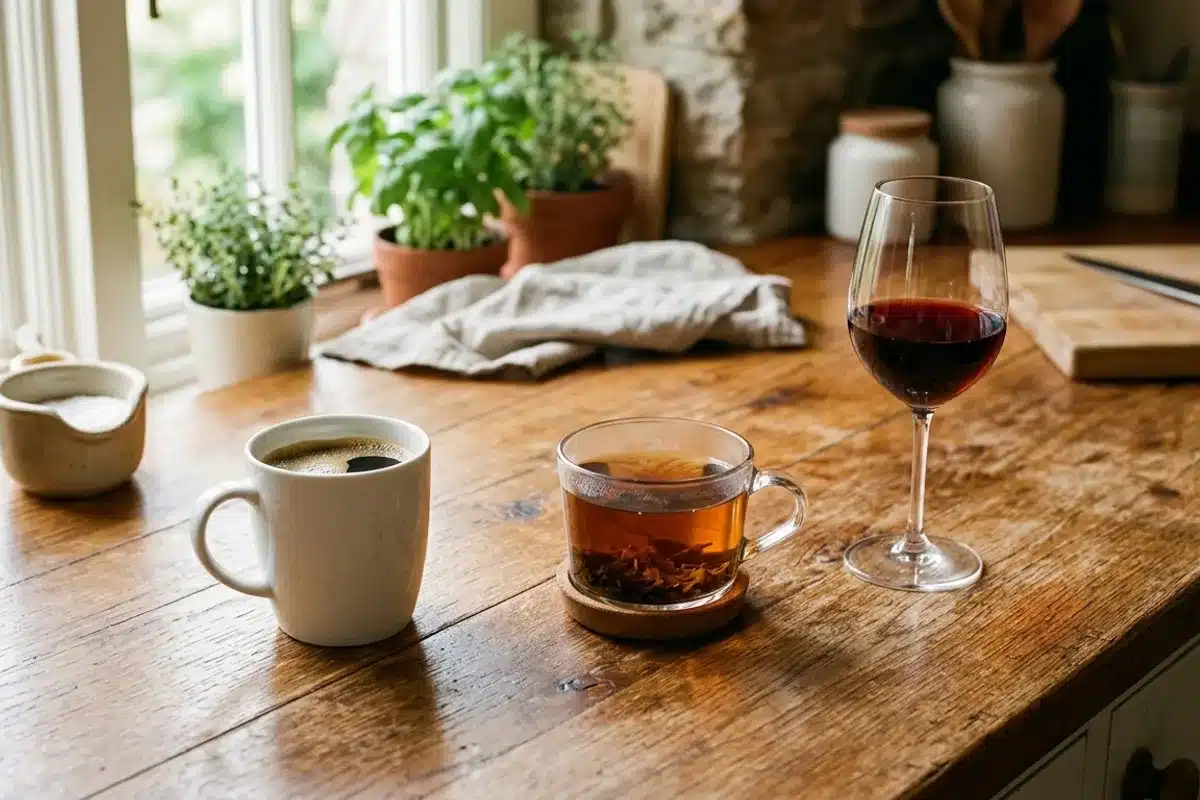Tasse de café, verre de thé et verre de vin rouge sur une table en bois, boissons colorantes pour les dents
