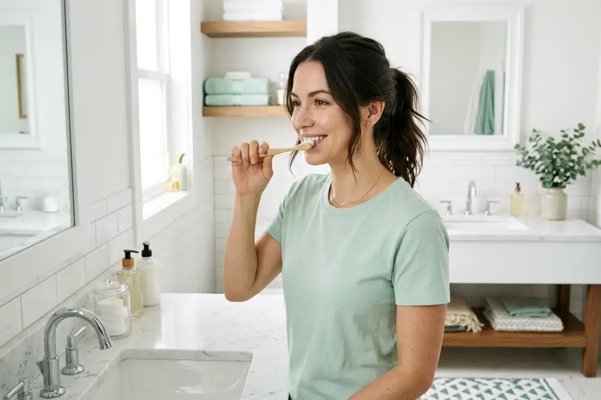 Jeune femme en t-shirt vert se brossant les dents avec une brosse en bois dans une salle de bain lumineuse et blanche