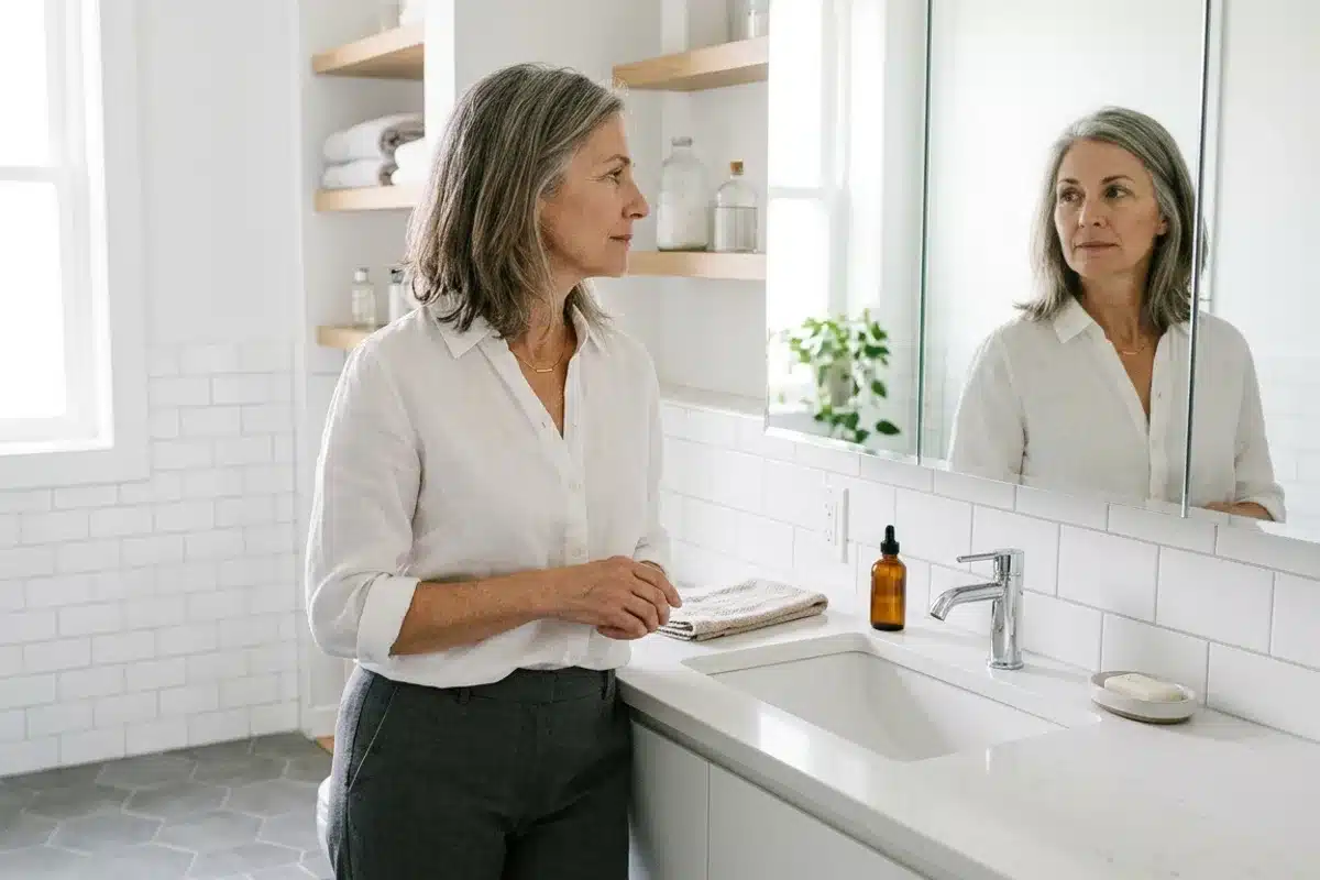 Femme d'environ 50 ans aux cheveux gris devant un miroir de salle de bain, illustrant le vieillissement dentaire