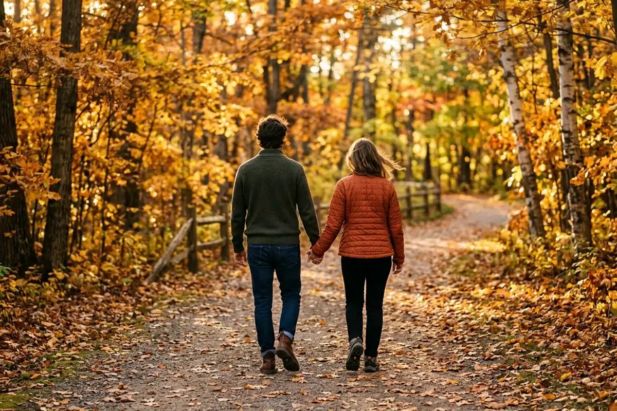Deux personnes marchant ensemble, du désir vers l'attachement Deux personnes marchant côte à côte dans un parc en automne, illustrant la progression possible du désir vers l'amour
