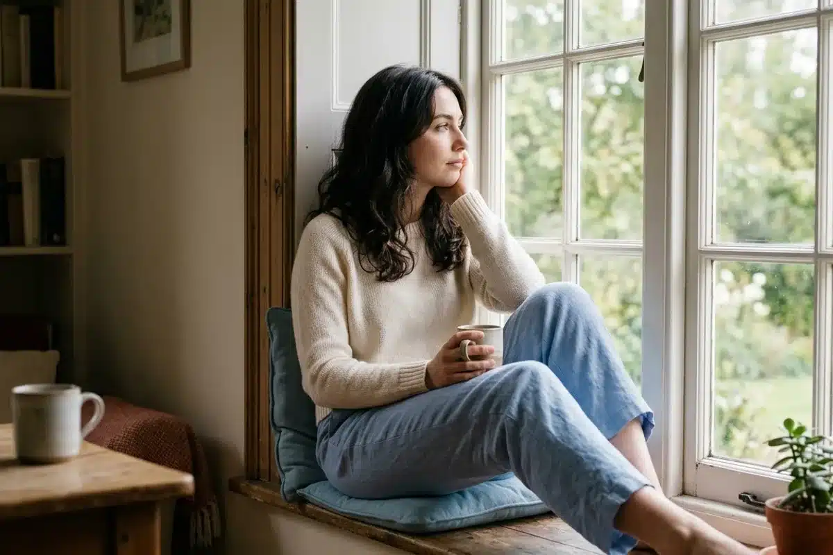 Femme pensive songeant à un désir sans amour Femme pensive regardant par la fenêtre, illustrant les pensées envahissantes du désir sans amour
