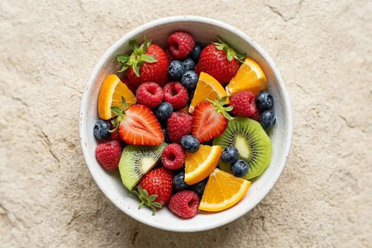 Bol de fruits rouges et d'agrumes riches en antioxydants Bol de fraises, framboises, myrtilles et quartiers d'orange et de kiwi, sources d'antioxydants pour la peau