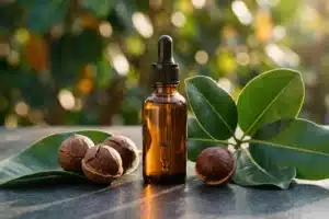 Bouteille d'huile de tamanu en verre ambré entourée de noix de Calophyllum inophyllum et feuilles tropicales sur pierre anthracite