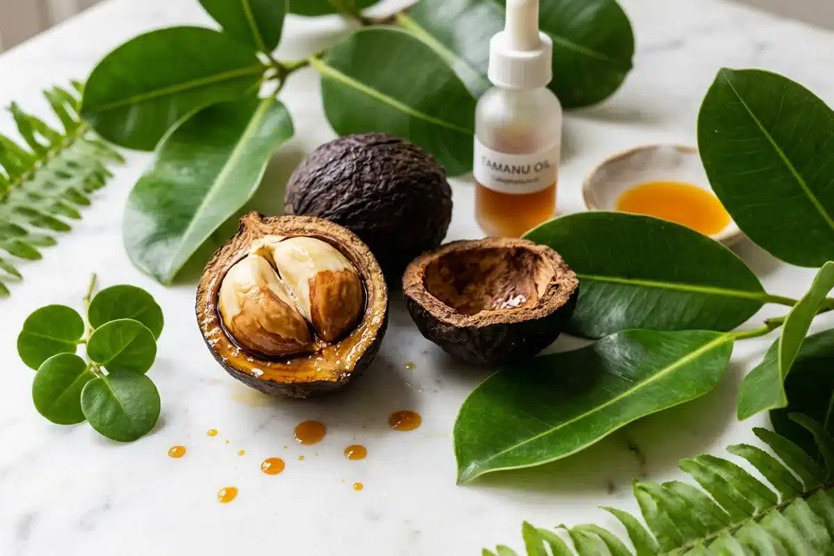Noix de tamanu coupée - Calophyllum inophyllum sur marbre blanc Noix de tamanu Calophyllum inophyllum coupée en deux révélant l'amande huileuse brune, entourée de feuilles tropicales vertes sur fond marbre blanc