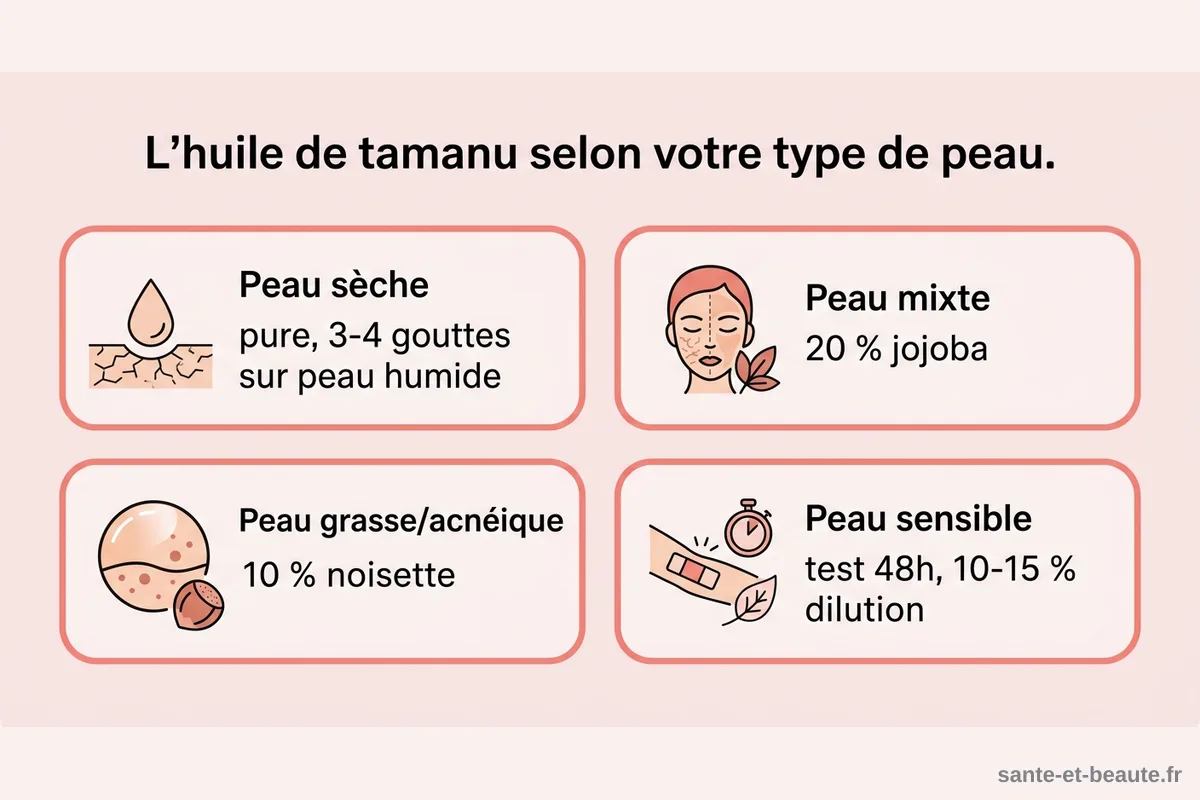 Infographie : l'huile de tamanu selon votre type de peau Infographie sur l'utilisation de l'huile de tamanu selon le type de peau : sèche pure, mixte 20 % jojoba, grasse 10 % noisette, sensible test cutané