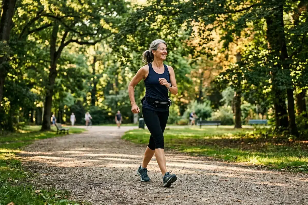 Femme d'environ 50 ans pratiquant la marche rapide dans un parc verdoyant, activité physique adaptée à la ménopause