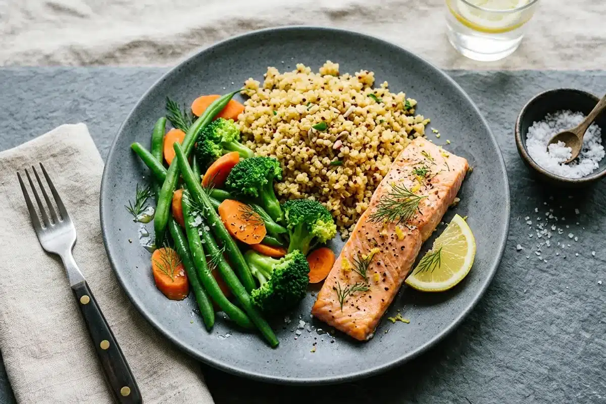Assiette équilibrée avec saumon, légumes vapeur et quinoa pour une alimentation adaptée à la ménopause