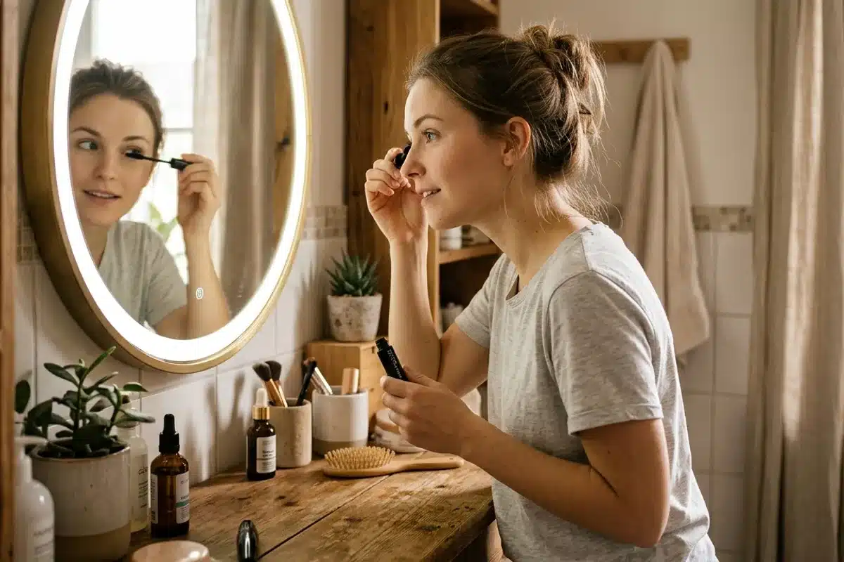 Application de mascara bleu devant un miroir Femme appliquant un mascara bleu devant un miroir rond dans une salle de bain lumineuse