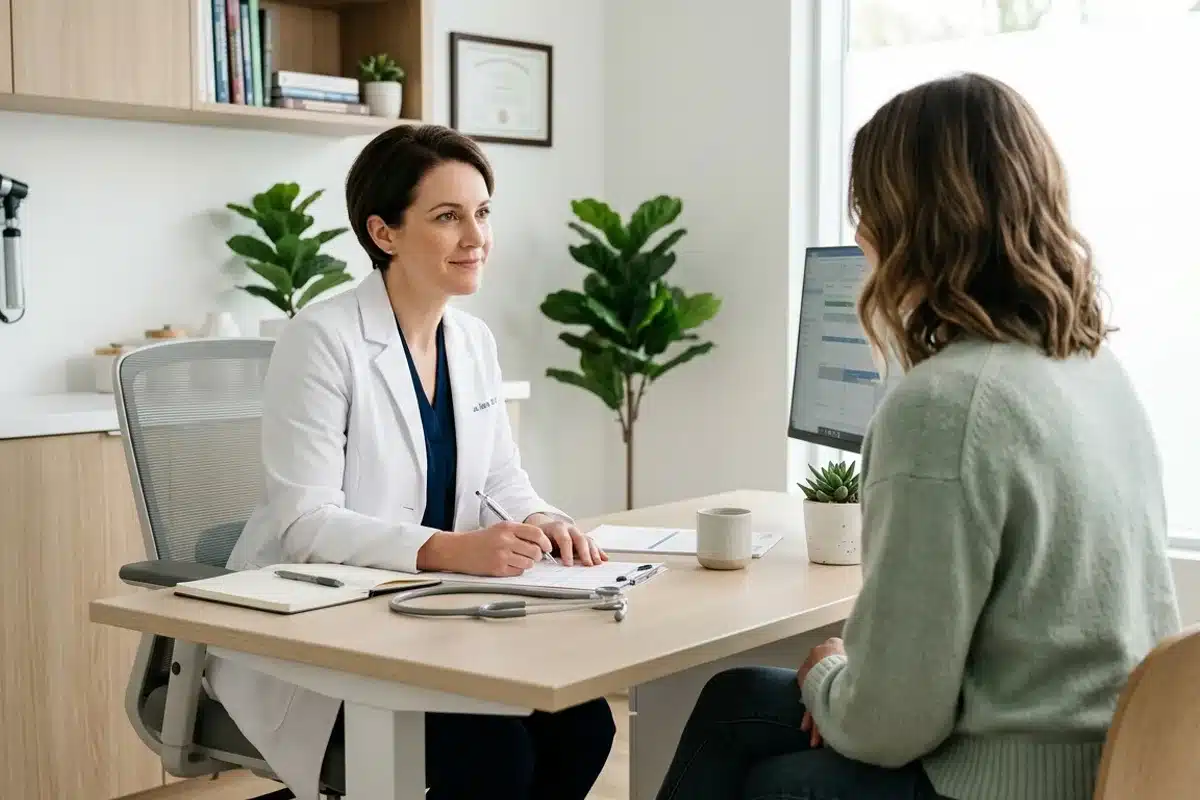 Consultation gynécologique en cas d'odeur intime persistante Femme médecin en consultation avec une patiente dans un cabinet médical moderne pour évaluer une infection ou un déséquilibre vaginal