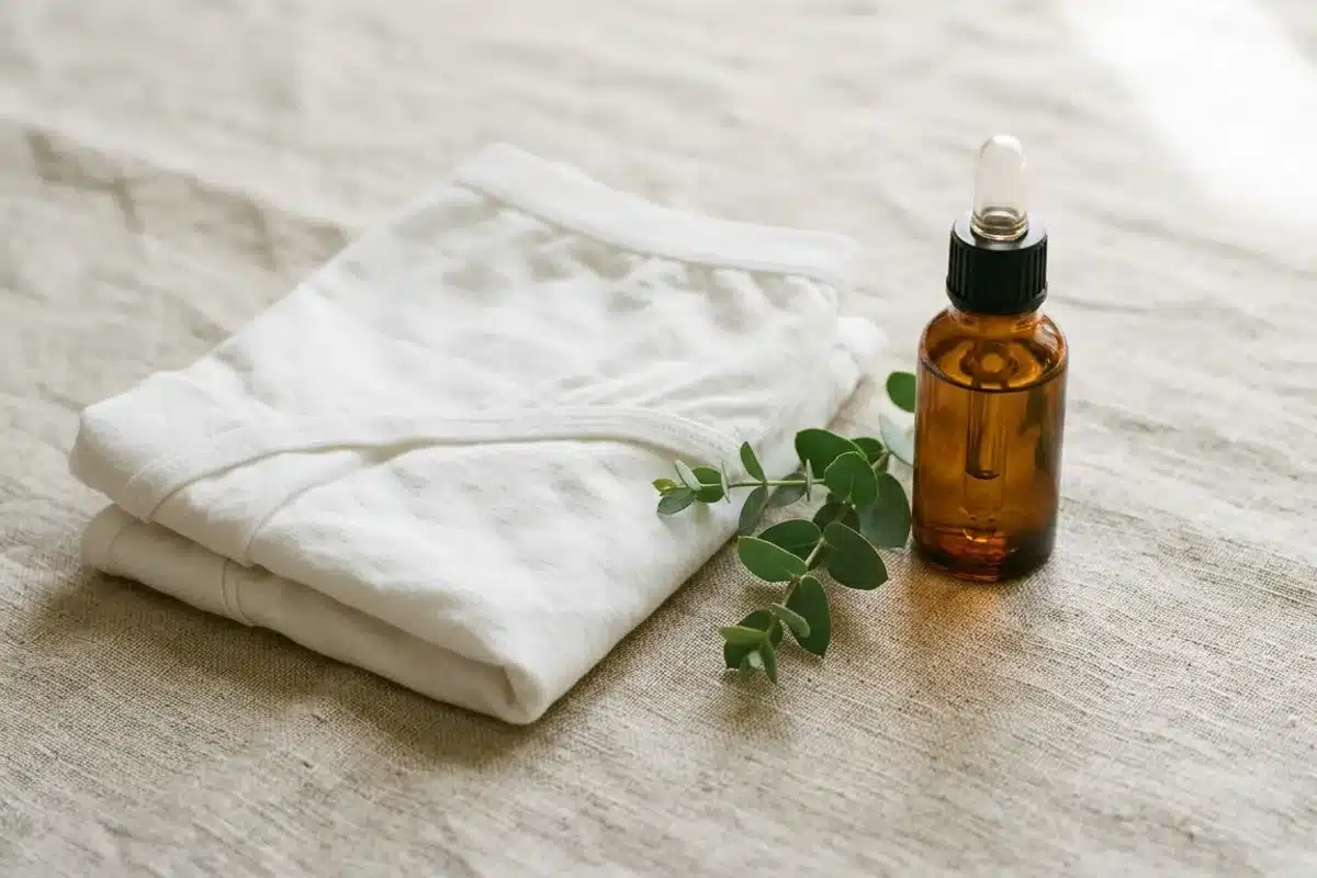 Sous-vêtements en coton et hygiène douce pour la flore intime Sous-vêtements en coton blanc plié et flacon ambré sur toile de lin naturel, symbolisant une hygiène intime douce et respectueuse de la flore vaginale