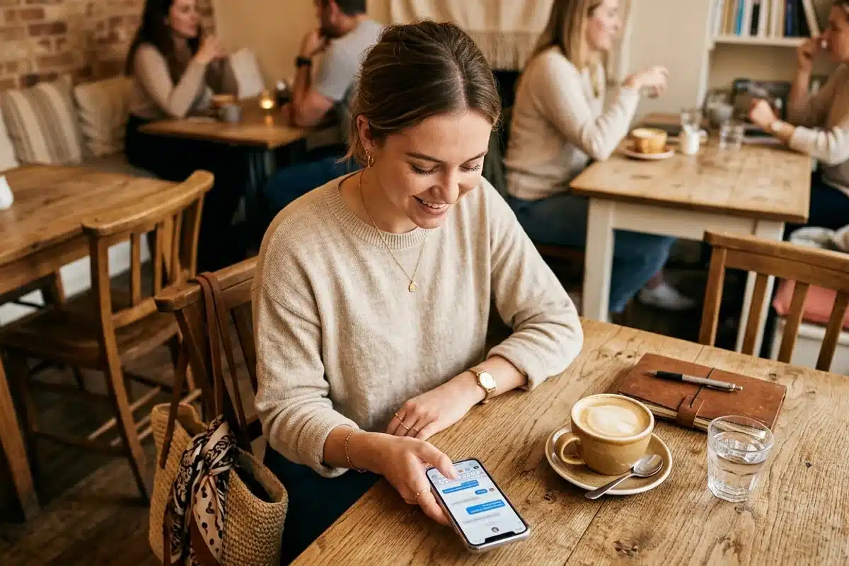 Femme lisant un message avec un sourire discret Femme souriant discrètement en lisant un message, signe d'une attention masculine