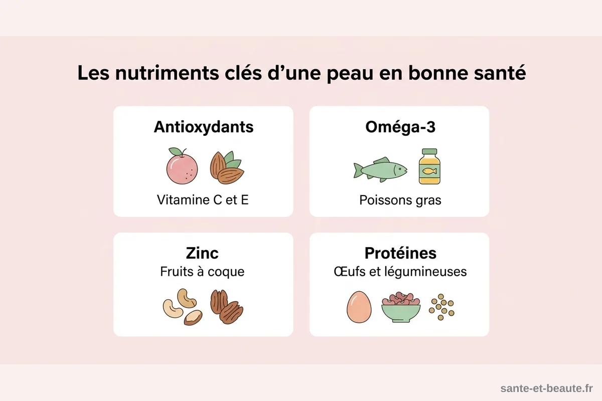Les nutriments clés d'une peau en bonne santé Infographie des quatre familles de nutriments utiles à la peau : antioxydants, oméga-3, zinc et protéines