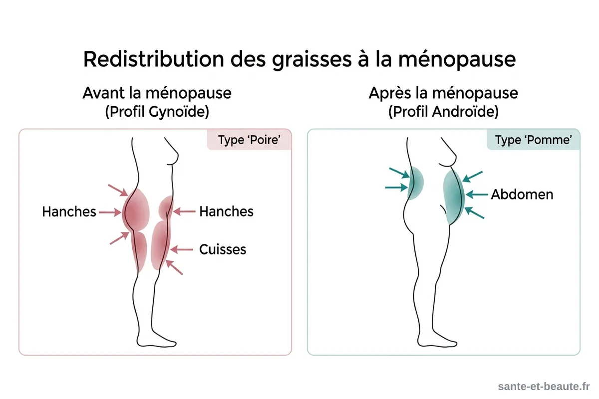 Schéma redistribution des graisses à la ménopause Schéma comparant la répartition des graisses avant et après la ménopause, profil gynoïde vers profil androïde
