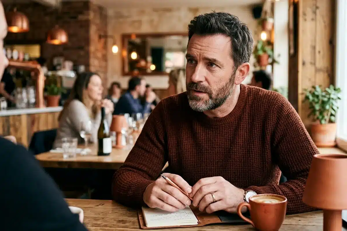 Homme en conversation attentive au café Homme en conversation attentive, regard concentré, signe du désir chez l'homme