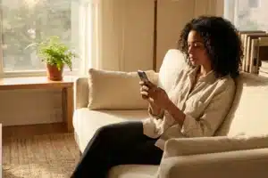 Femme pensive regardant son téléphone sur un canapé dans un salon lumineux, illustrant le silence radio en amour