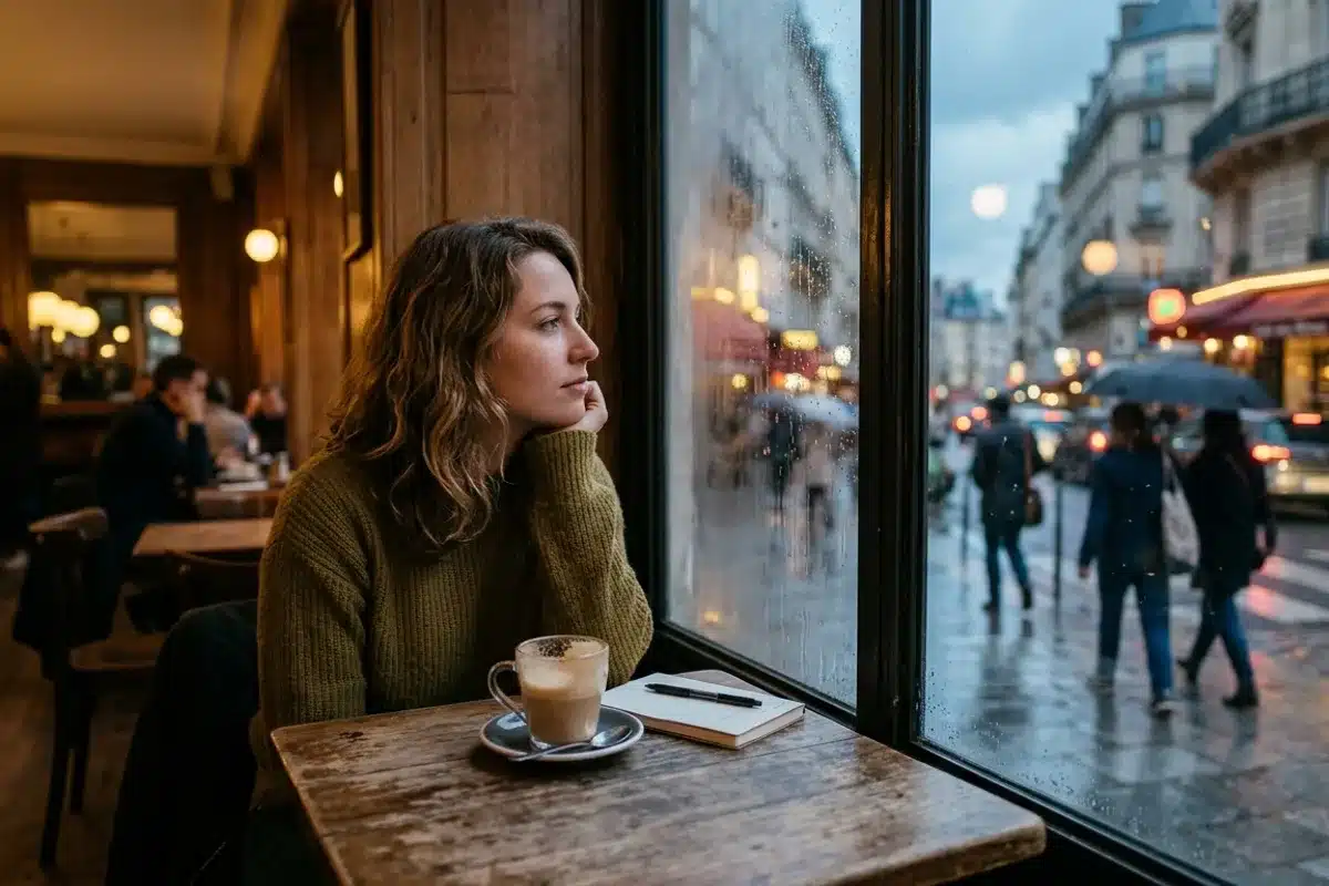 Solitude et attente dans un café pendant le silence radio Personne seule dans un café regardant par la fenêtre, pensive, illustrant l'attente créée par le silence radio