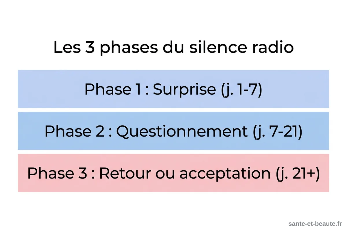 Les 3 phases du silence radio Infographie des 3 phases du silence radio : surprise (jours 1-7), questionnement (jours 7-21), retour ou acceptation (jours 21 et plus)