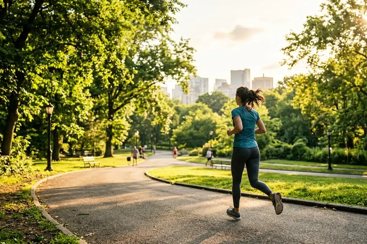 Se reconstruire pendant le silence radio Femme faisant du jogging dans un parc ensoleillé, symbole de la reconstruction de soi pendant le silence radio